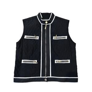 Roberto Verino Quilted Vest Black Gold Zip Trim Sleeveless Jacket L